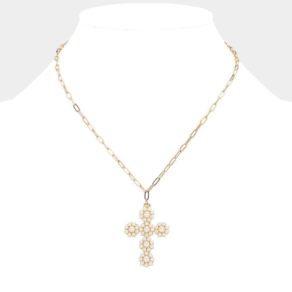 Gold Pearl Flower Cross Pendant Necklace - Jewelry Store by Erik Rayo