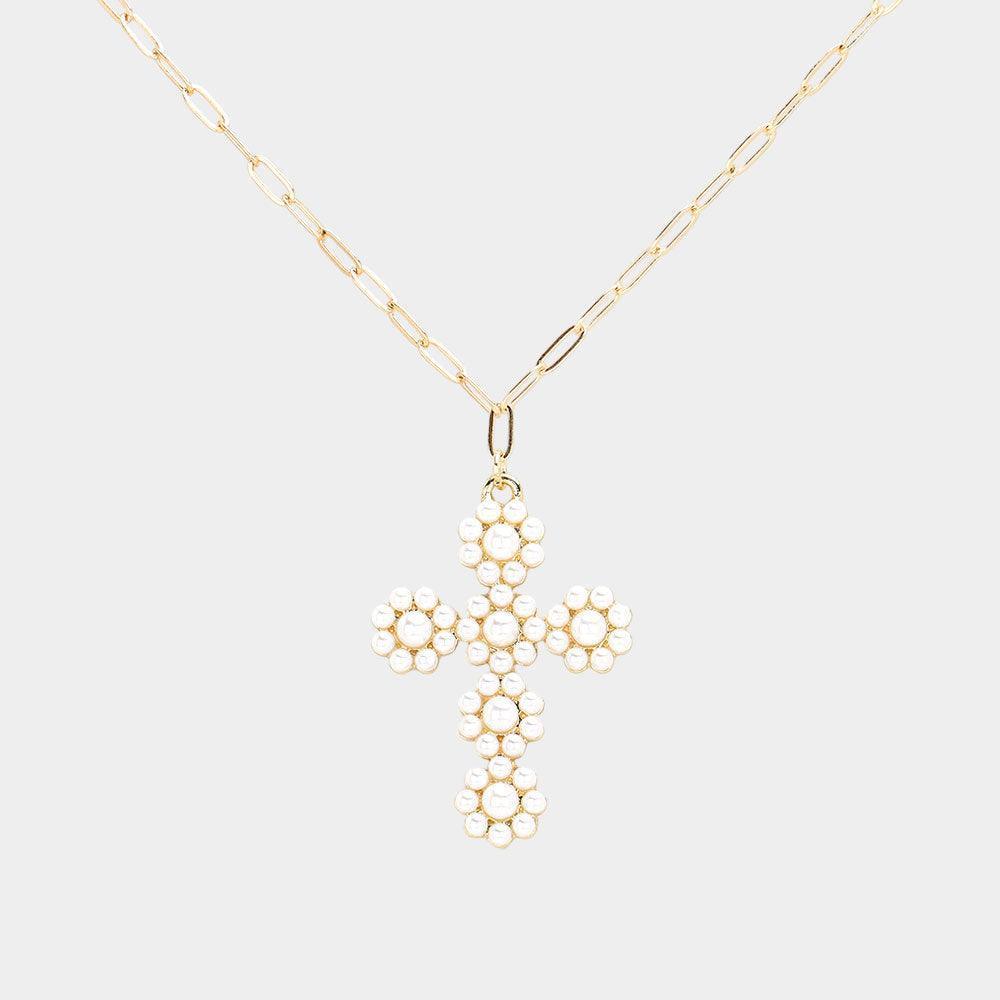 Gold Pearl Flower Cross Pendant Necklace - Jewelry Store by Erik Rayo