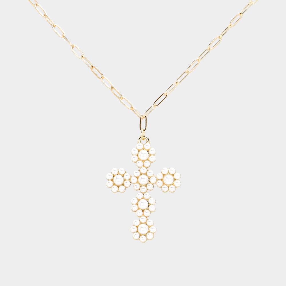 Gold Pearl Flower Cross Pendant Necklace