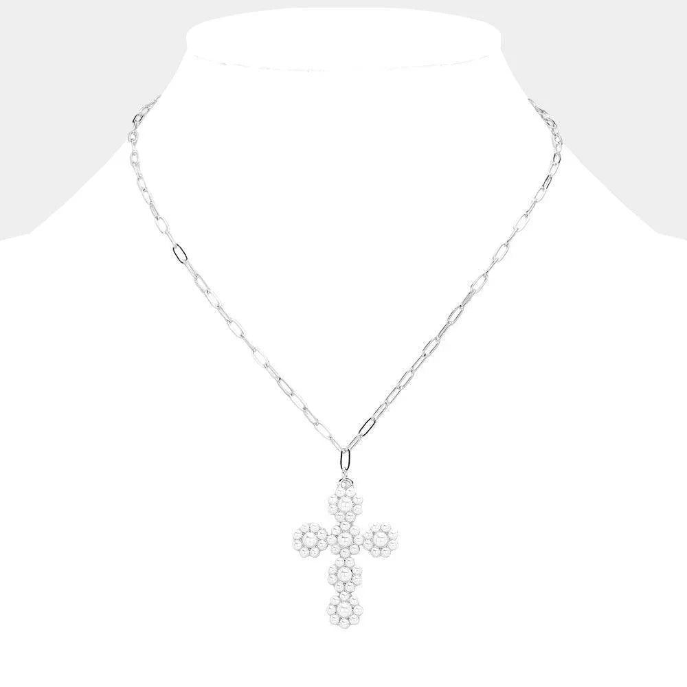 Pearl Flower Cross Pendant Necklace - Jewelry Store by Erik Rayo