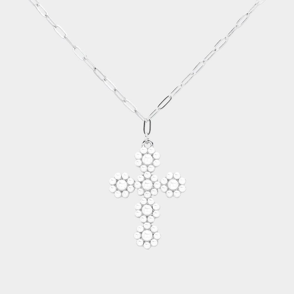 Pearl Flower Cross Pendant Necklace