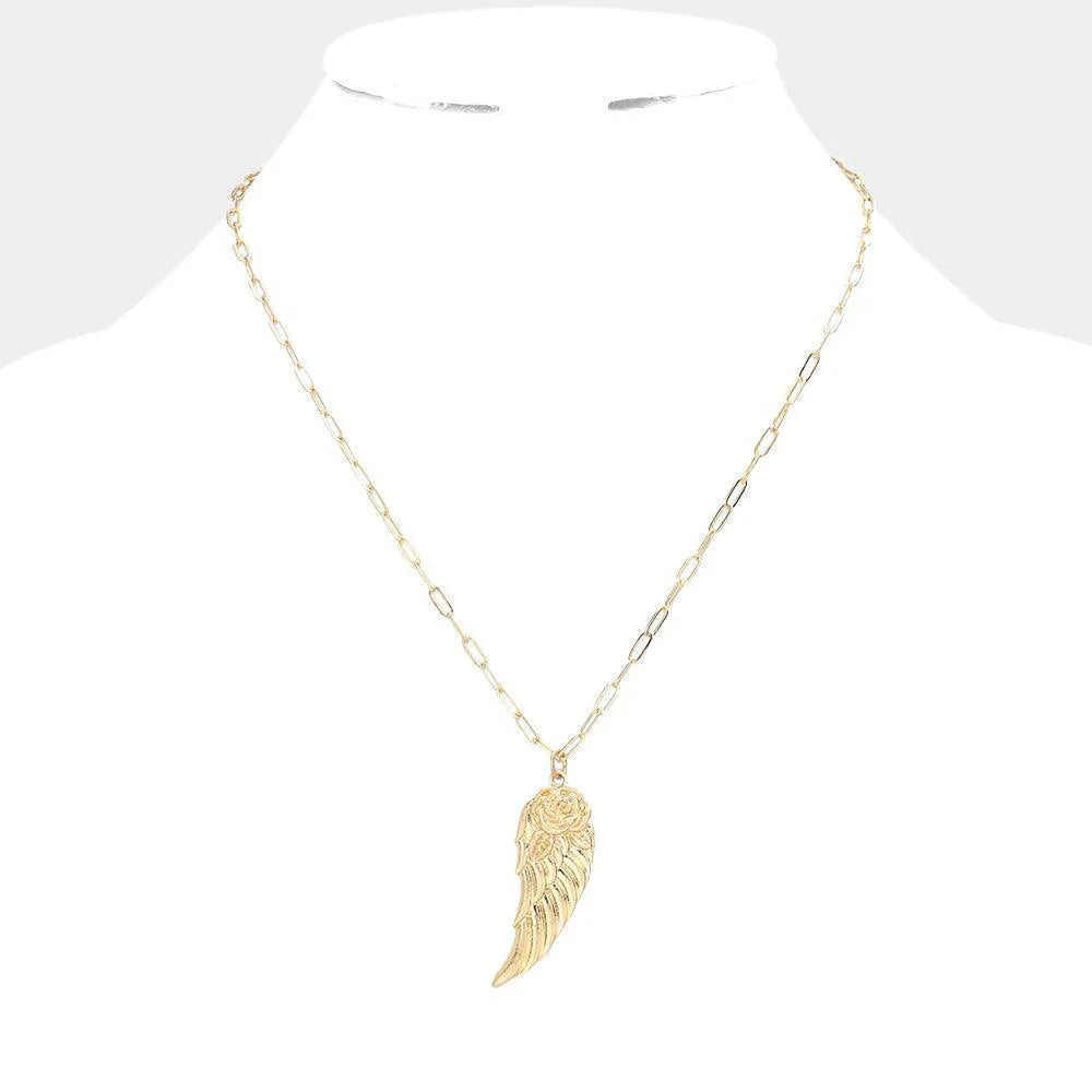 Gold Flower Detailed Metal Wing Pendant Necklace - Jewelry Store by Erik Rayo
