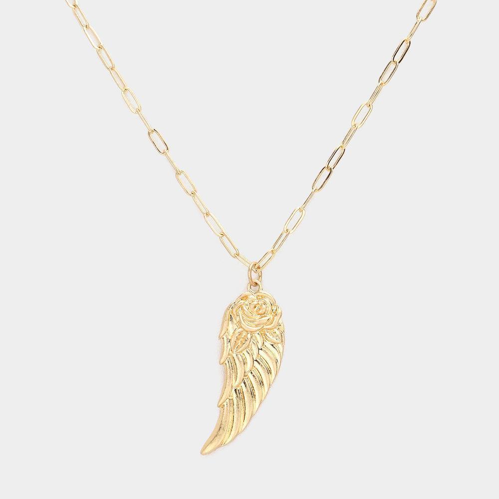Gold Flower Detailed Metal Wing Pendant Necklace - Jewelry Store by Erik Rayo