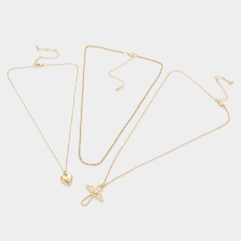 Gold 3PCS - Metal Heart Angel Wing Cross Pendant Necklaces - Jewelry Store by Erik Rayo
