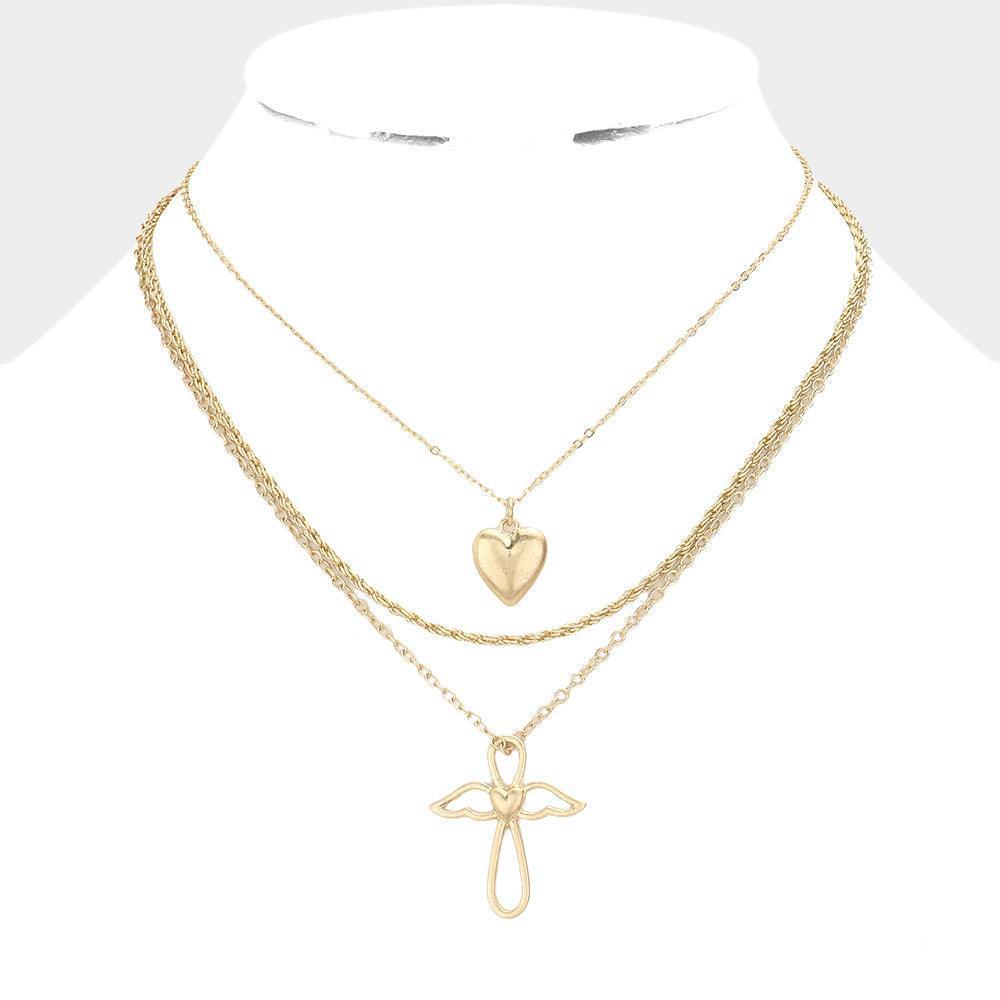 Gold 3PCS - Metal Heart Angel Wing Cross Pendant Necklaces - Jewelry Store by Erik Rayo