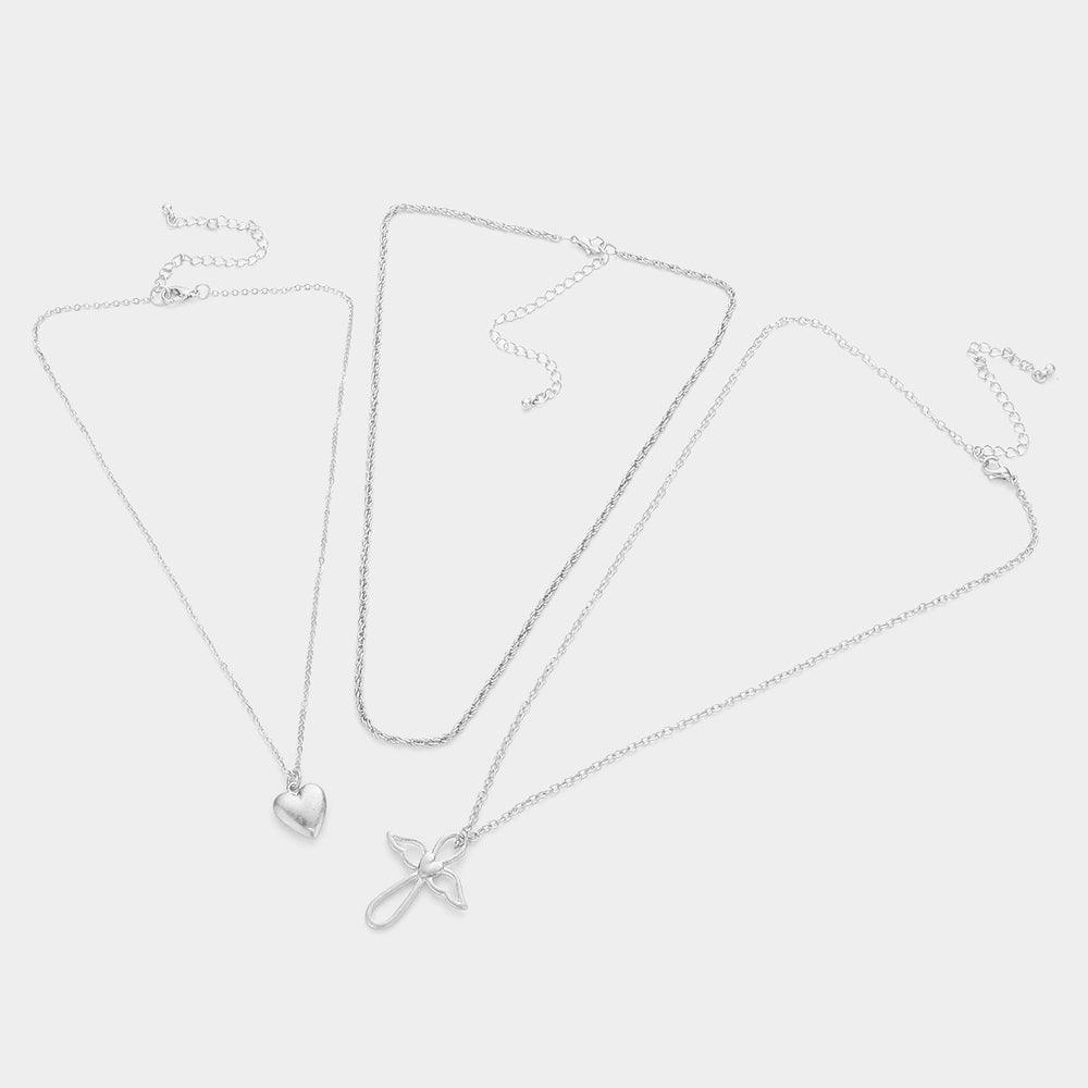 Silver 3PCS - Metal Heart Angel Wing Cross Pendant Necklaces - Jewelry Store by Erik Rayo