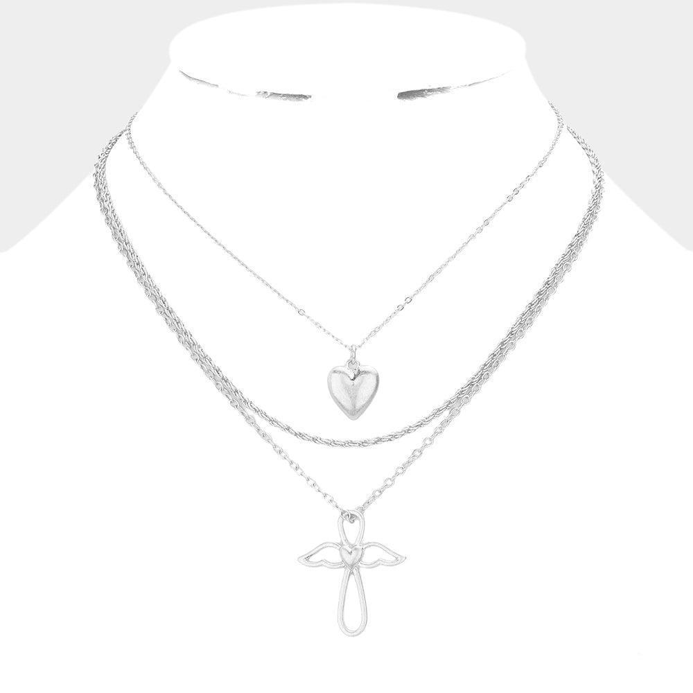 Silver 3PCS - Metal Heart Angel Wing Cross Pendant Necklaces - Jewelry Store by Erik Rayo