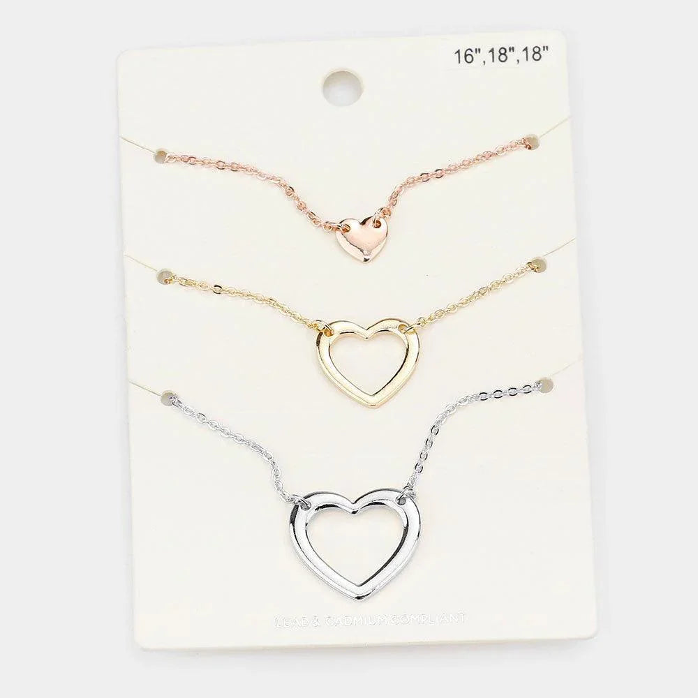 Three Tone 3PCS - Metal Heart Pendant Necklaces - Jewelry Store by Erik Rayo