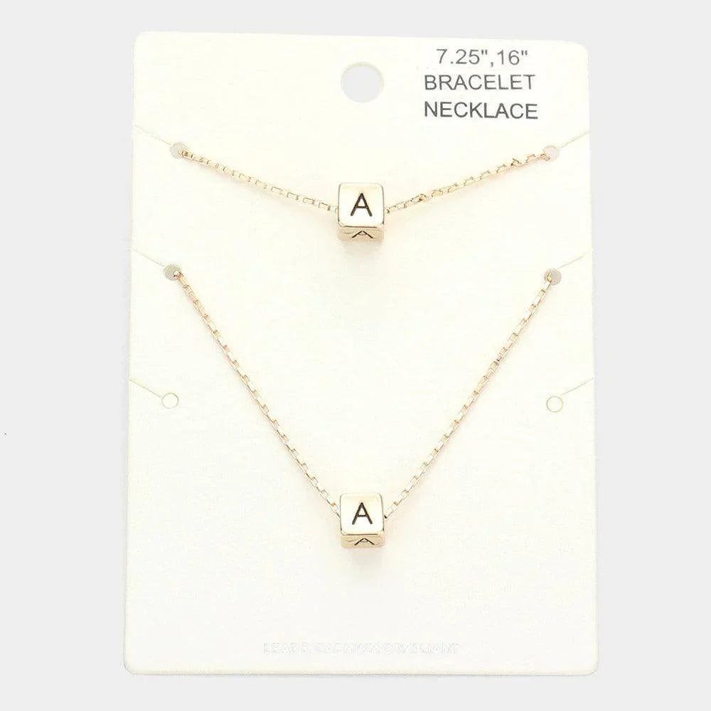 Gold 2PCS A Monogram Metal Cube Pendant Necklace / Bracelet Set - Jewelry Store by Erik Rayo