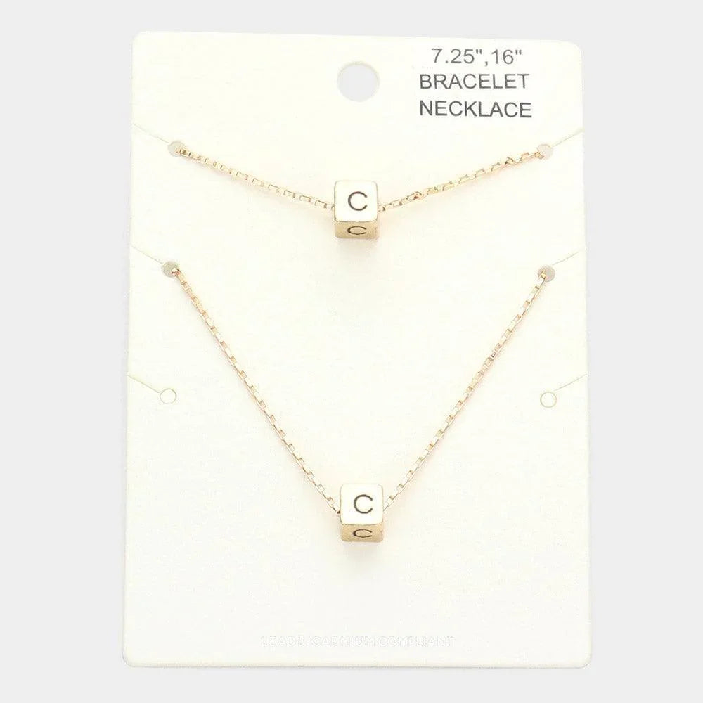 Gold 2PCS C Monogram Metal Cube Pendant Necklace / Bracelet Set - Jewelry Store by Erik Rayo
