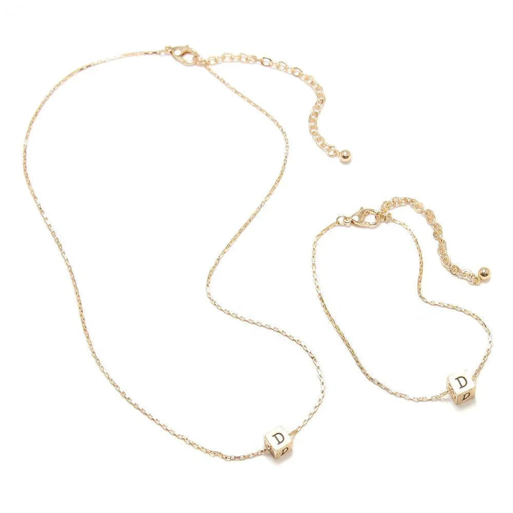 Gold 2PCS D Monogram Metal Cube Pendant Necklace / Bracelet Set - Jewelry Store by Erik Rayo