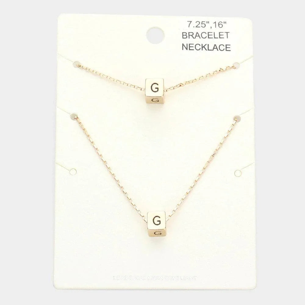 Gold 2PCS G Monogram Metal Cube Pendant Necklace / Bracelet Set - Jewelry Store by Erik Rayo