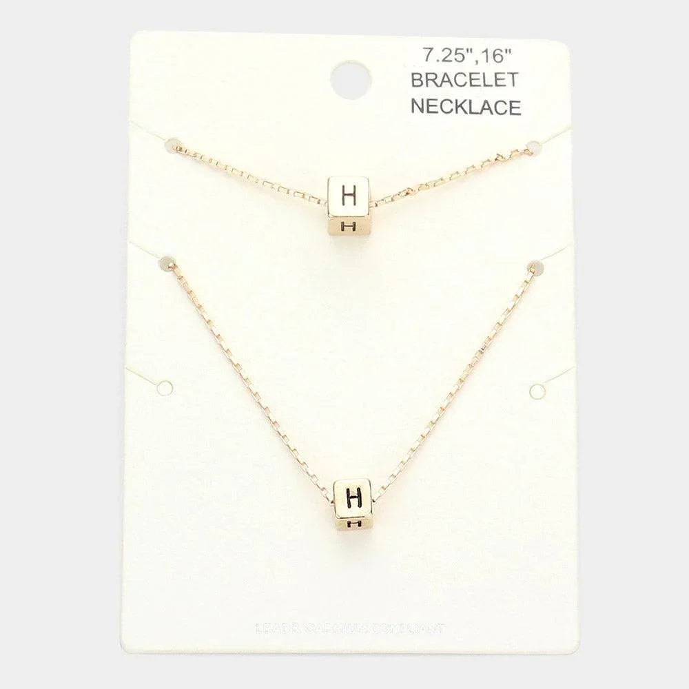 Gold 2PCS H Monogram Metal Cube Pendant Necklace / Bracelet Set - Jewelry Store by Erik Rayo