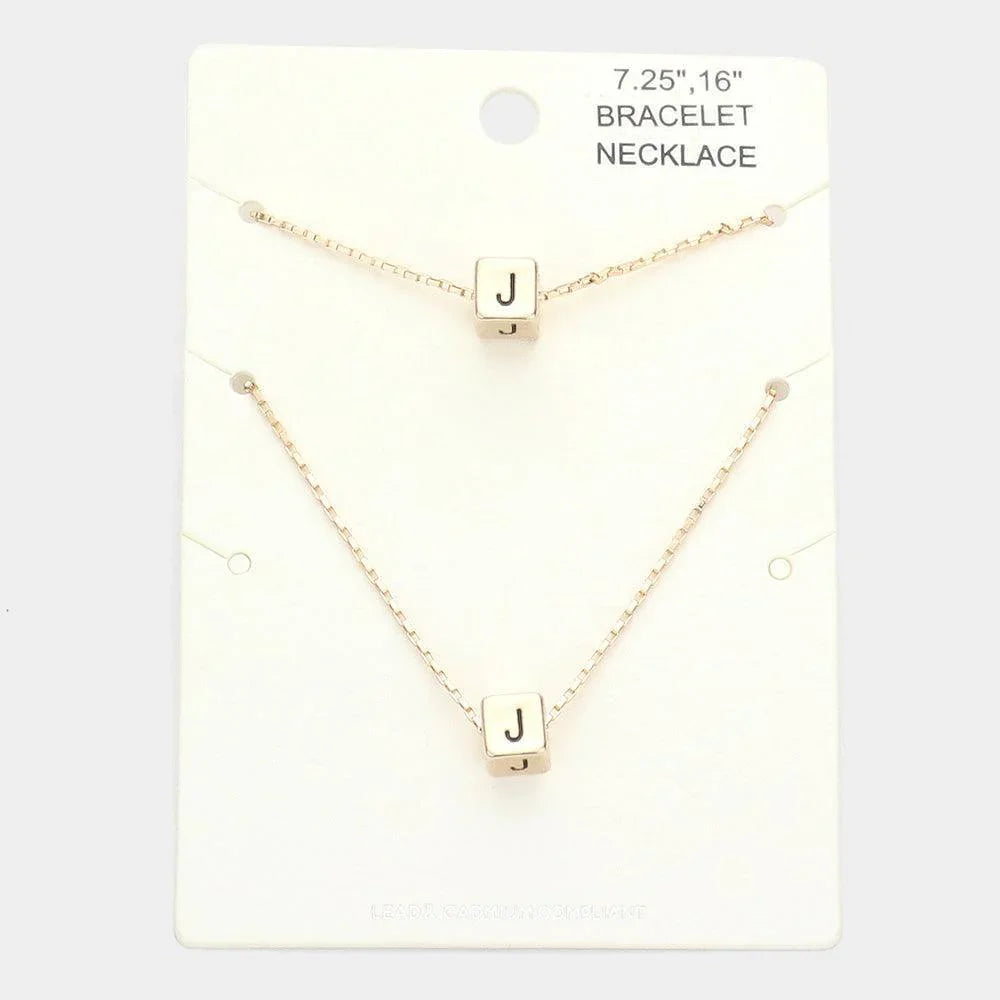 Gold 2PCS J Monogram Metal Cube Pendant Necklace / Bracelet Set - Jewelry Store by Erik Rayo