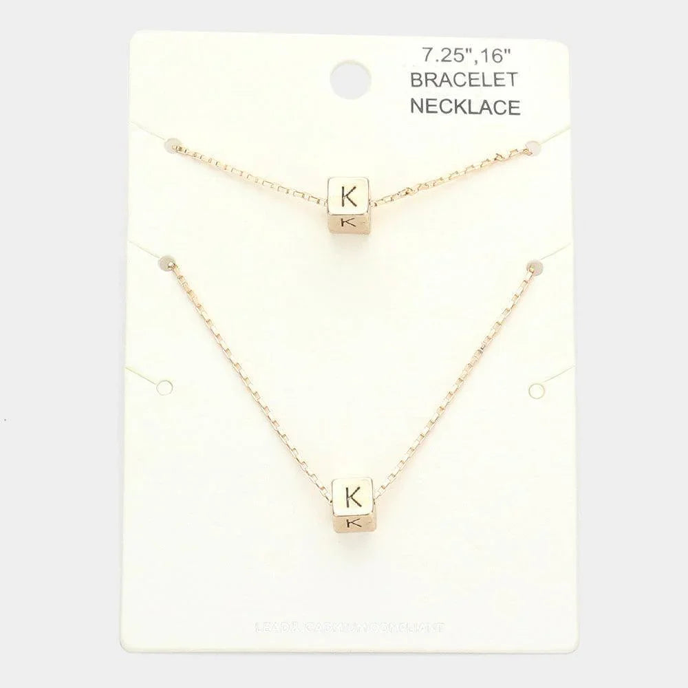 Gold 2PCS K Monogram Metal Cube Pendant Necklace / Bracelet Set - Jewelry Store by Erik Rayo