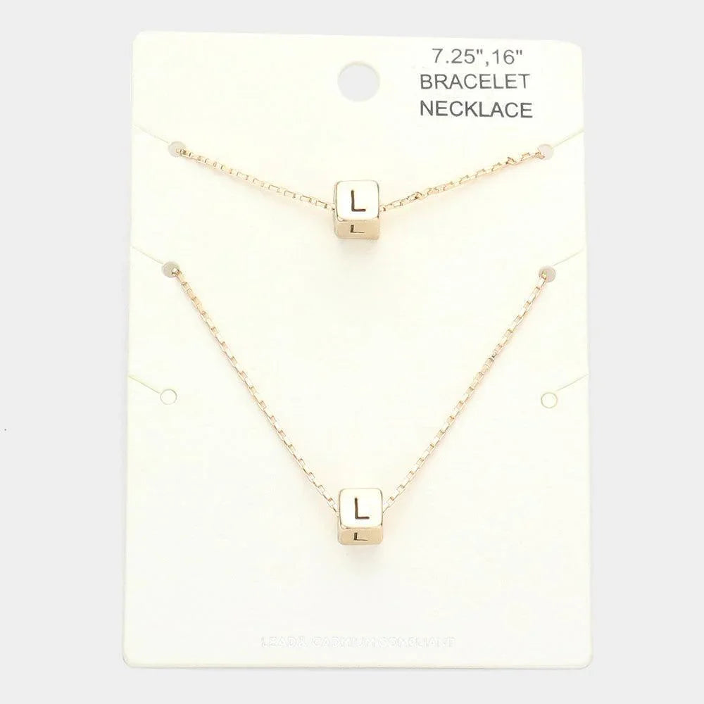 Gold 2PCS L Monogram Metal Cube Pendant Necklace / Bracelet Set - Jewelry Store by Erik Rayo