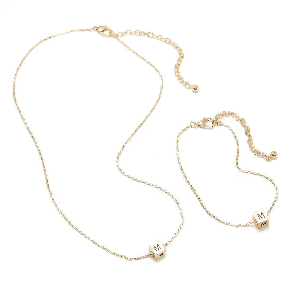 Gold 2PCS M Monogram Metal Cube Pendant Necklace / Bracelet Set - Jewelry Store by Erik Rayo