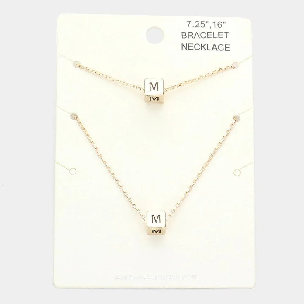 Gold 2PCS M Monogram Metal Cube Pendant Necklace / Bracelet Set - Jewelry Store by Erik Rayo