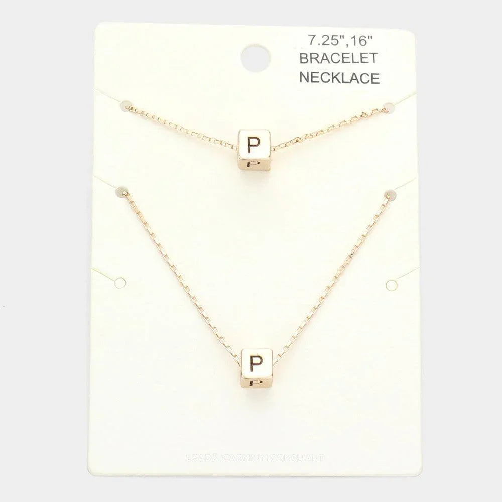 Gold 2PCS P Monogram Metal Cube Pendant Necklace / Bracelet Set - Jewelry Store by Erik Rayo