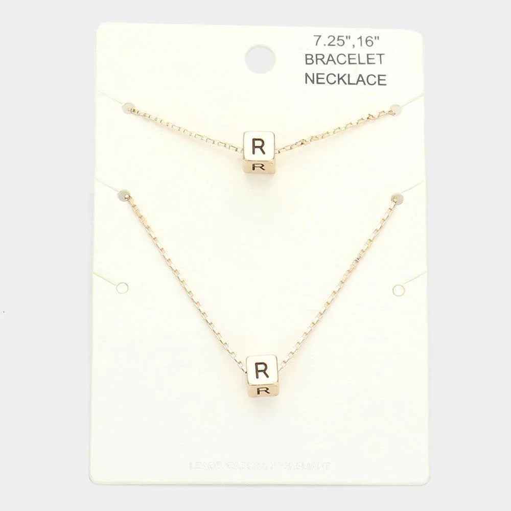 Gold 2PCS R Monogram Metal Cube Pendant Necklace / Bracelet Set - Jewelry Store by Erik Rayo