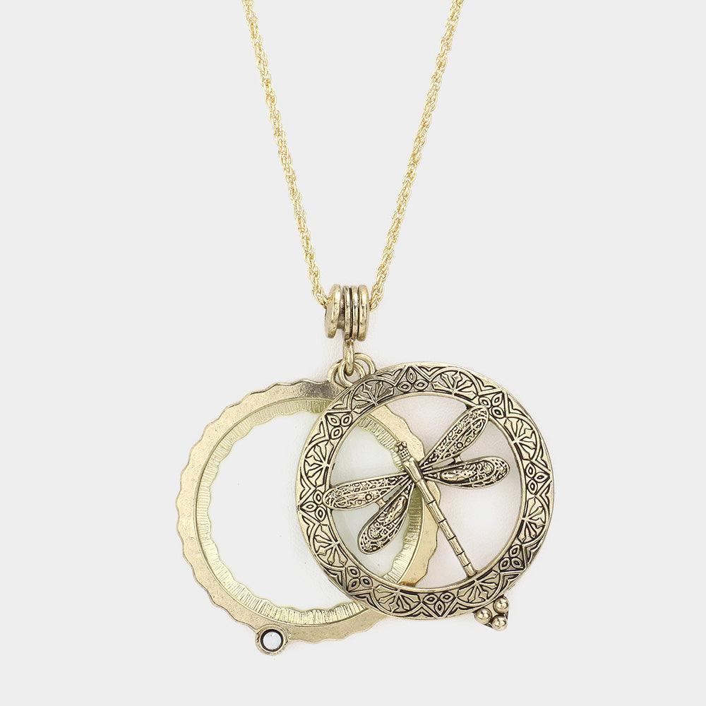 Gold Vintage Dragonfly Magnifying Glass Pendant Necklace - Jewelry Store by Erik Rayo