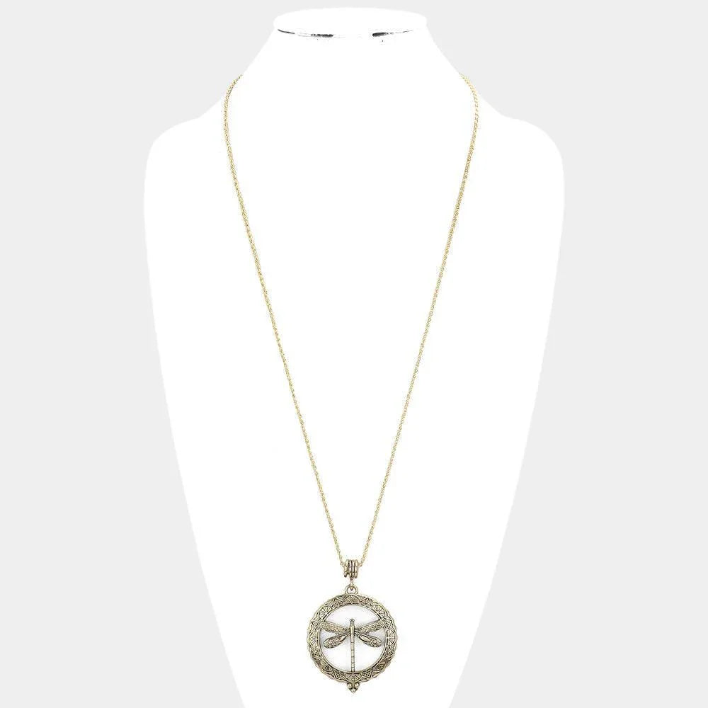 Gold Vintage Dragonfly Magnifying Glass Pendant Necklace - Jewelry Store by Erik Rayo