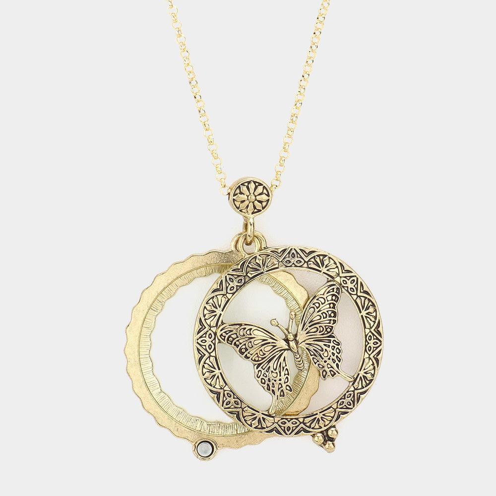 Gold Magnifying glass locket butterfly pendant long necklace - Jewelry Store by Erik Rayo