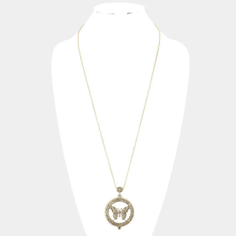 Gold Magnifying glass locket butterfly pendant long necklace - Jewelry Store by Erik Rayo