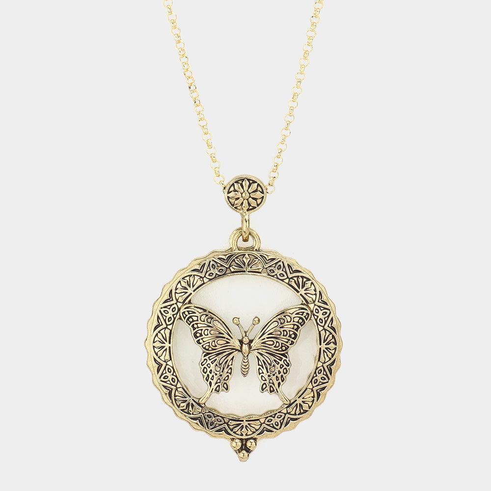 Gold Magnifying glass locket butterfly pendant long necklace - Jewelry Store by Erik Rayo