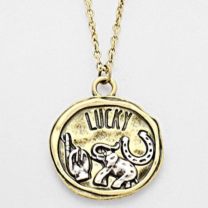 Gold Lucky Wax Seal Metal Pendant Necklace