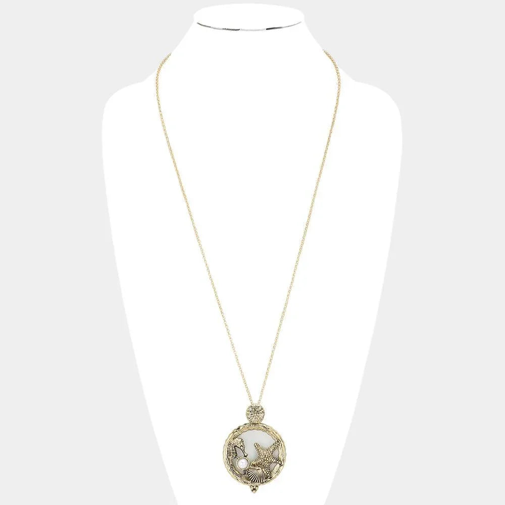 Gold Seahorse Starfish Shell Pearl Magnifying Glass Pendant Long Necklace - Jewelry Store by Erik Rayo