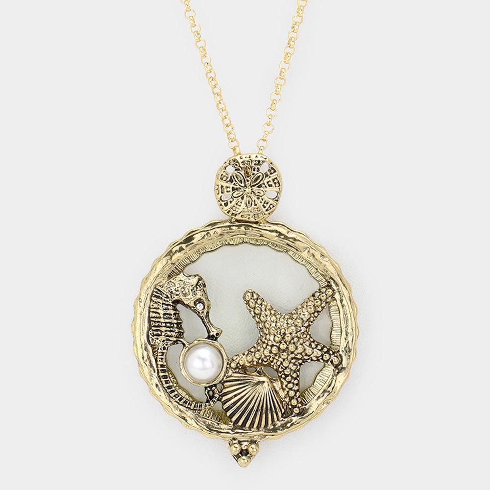 Gold Seahorse Starfish Shell Pearl Magnifying Glass Pendant Long Necklace - Jewelry Store by Erik Rayo