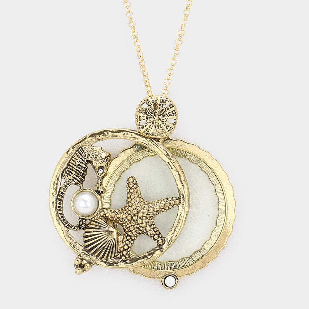 Gold Seahorse Starfish Shell Pearl Magnifying Glass Pendant Long Necklace - Jewelry Store by Erik Rayo