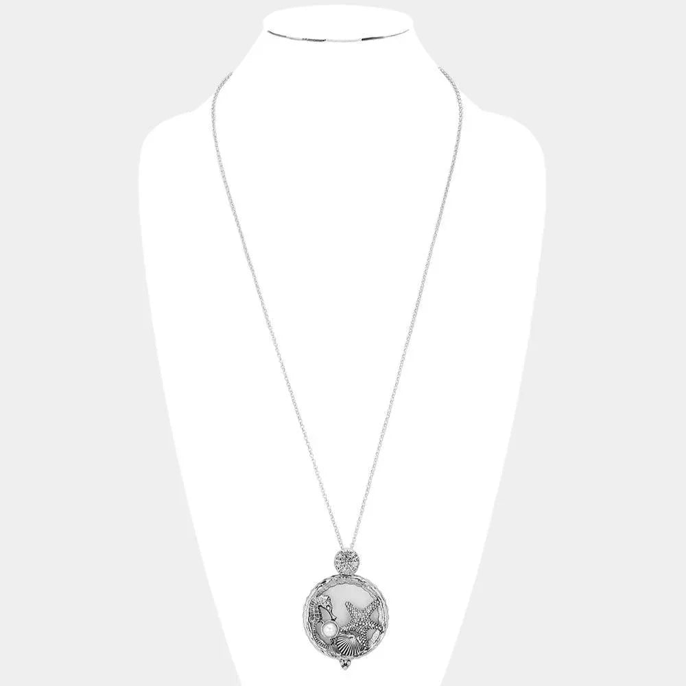 Seahorse Starfish Shell Pearl Magnifying Glass Pendant Long Necklace - Jewelry Store by Erik Rayo