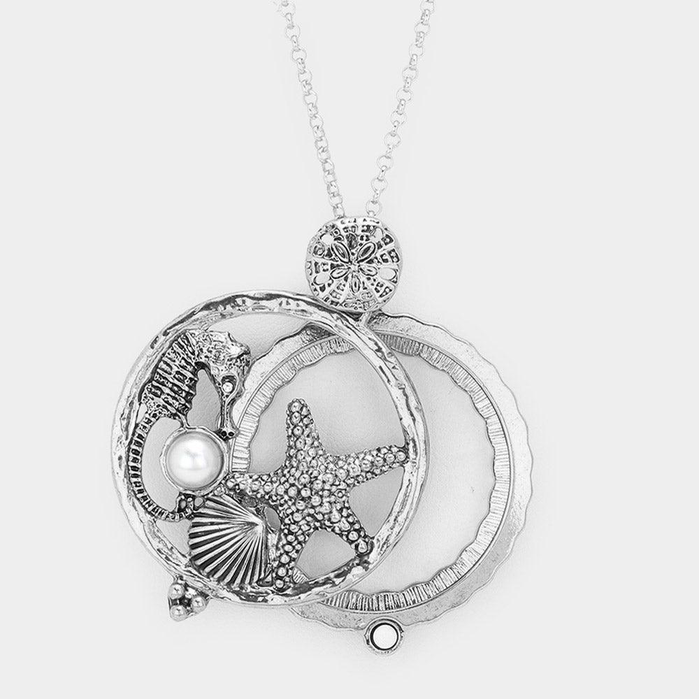 Seahorse Starfish Shell Pearl Magnifying Glass Pendant Long Necklace - Jewelry Store by Erik Rayo