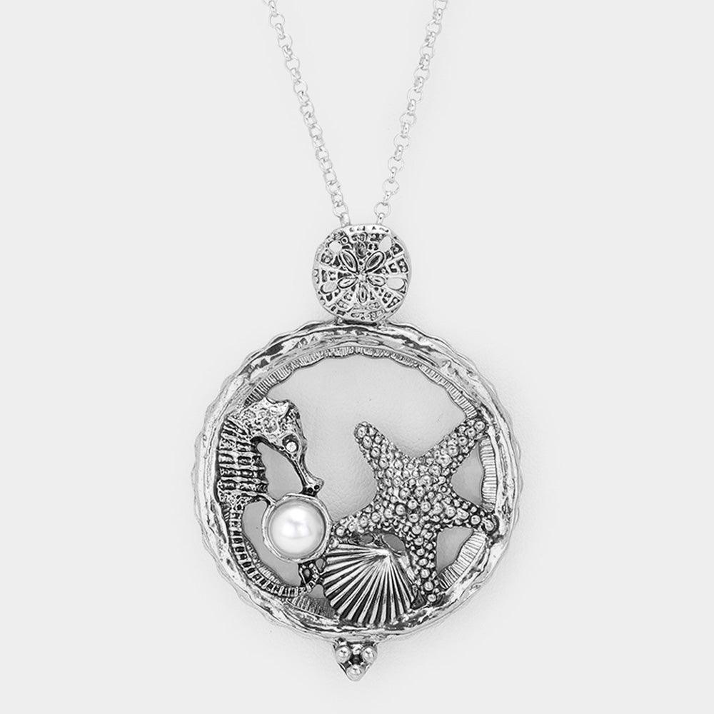 Seahorse Starfish Shell Pearl Magnifying Glass Pendant Long Necklace - Jewelry Store by Erik Rayo