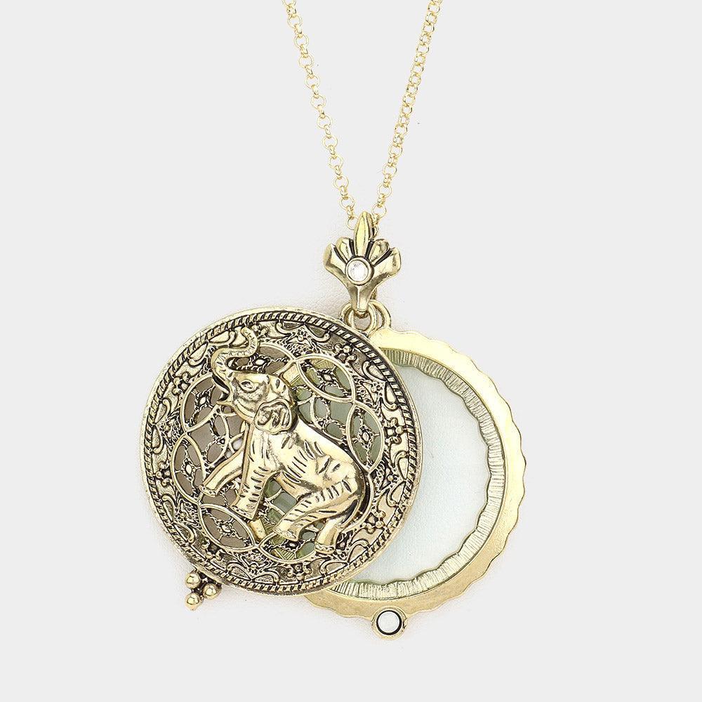 Gold Elephant Magnifying Glass Pendant Long Necklace - Jewelry Store by Erik Rayo