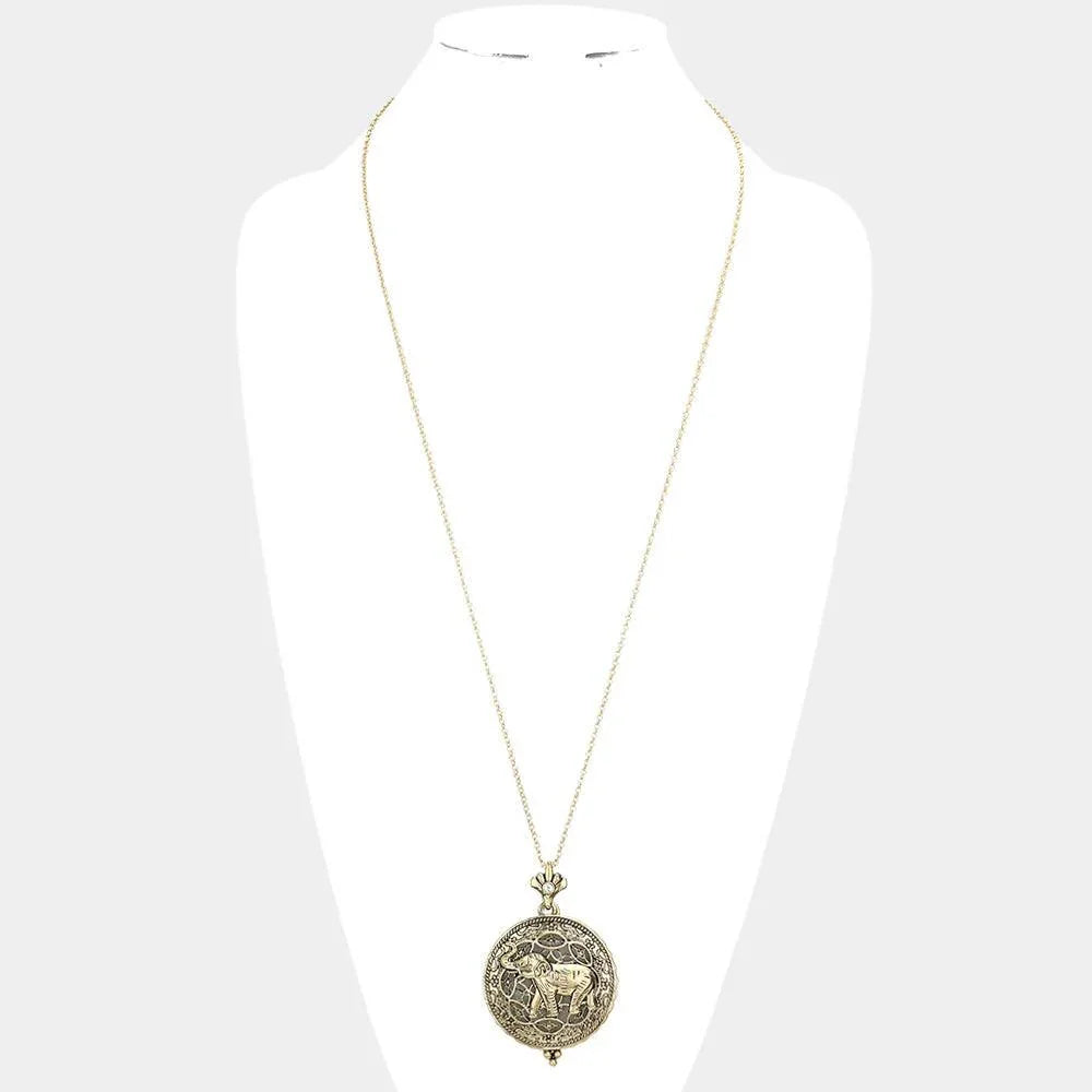 Gold Elephant Magnifying Glass Pendant Long Necklace - Jewelry Store by Erik Rayo