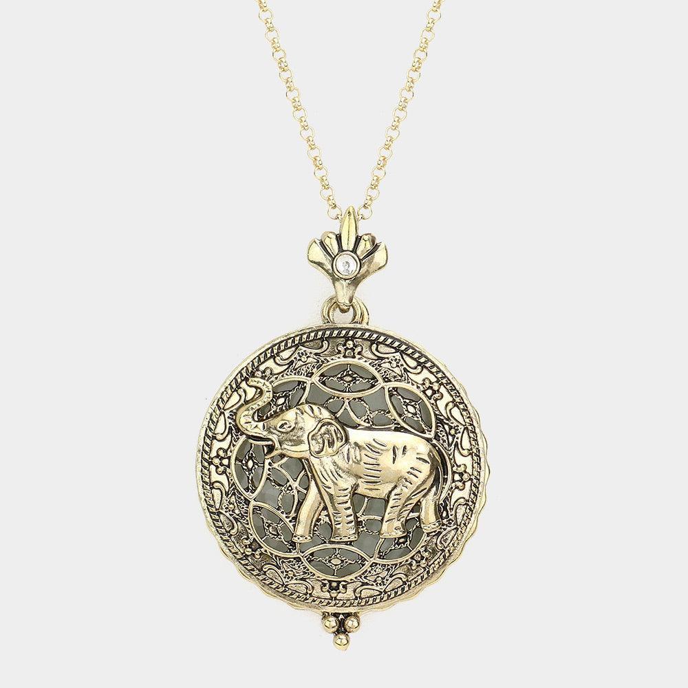 Gold Elephant Magnifying Glass Pendant Long Necklace - Jewelry Store by Erik Rayo
