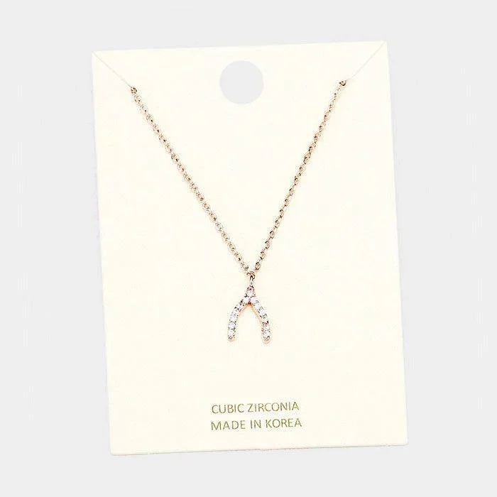 Rose Gold Cubic Zirconia Wishbone Pendant Necklace - Jewelry Store by Erik Rayo