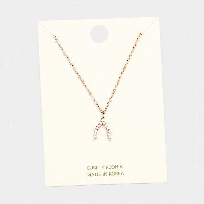 Rose Gold Cubic Zirconia Wishbone Pendant Necklace