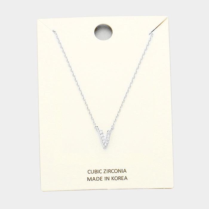 Clear 'V' Cubic Zirconia Monogram Pendant Necklace