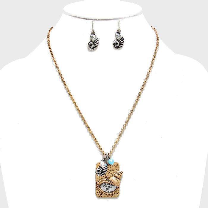 Turquoise Hammered Metal Shell Charm Pendant Necklace - Jewelry Store by Erik Rayo
