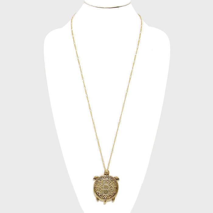 Gold 2-Layers Turtle Pendant with Glass Disc Necklace - Jewelry Store by Erik Rayo