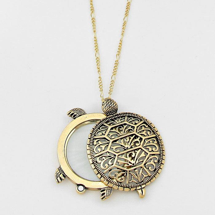 Gold 2-Layers Turtle Pendant with Glass Disc Necklace - Jewelry Store by Erik Rayo