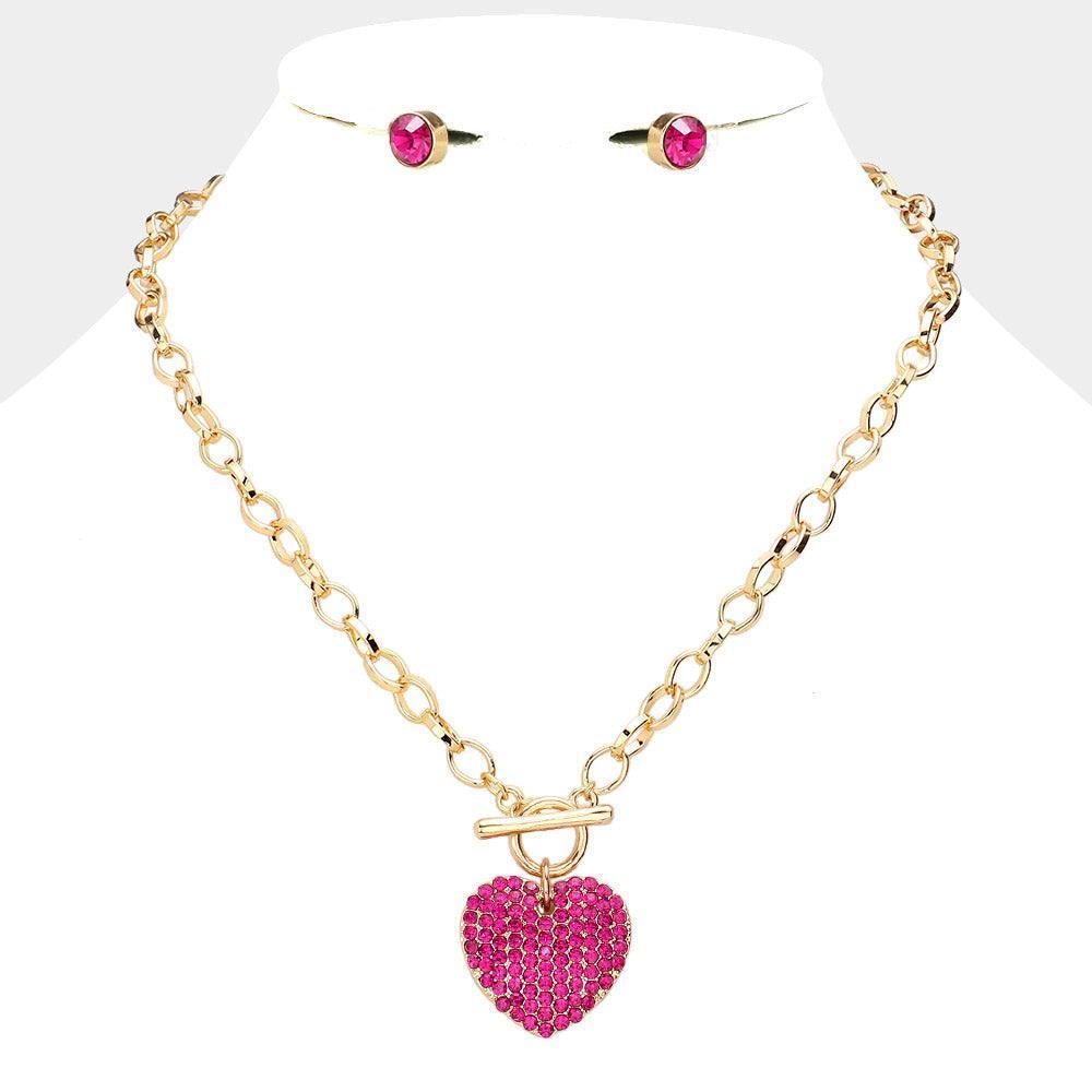Red Stone Paved Heart Pendant Metal Toggle Necklace - Jewelry Store by Erik Rayo