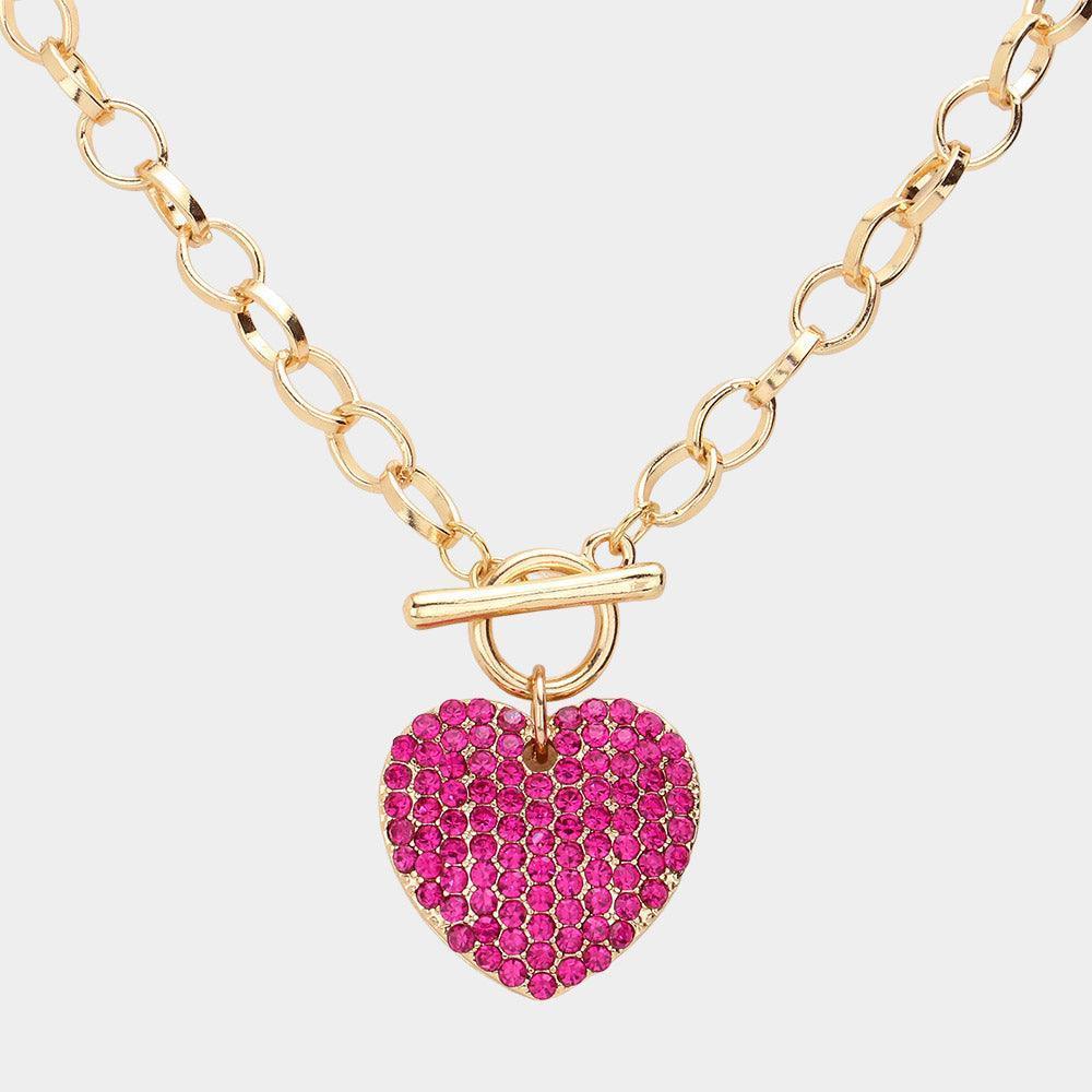 Red Stone Paved Heart Pendant Metal Toggle Necklace - Jewelry Store by Erik Rayo
