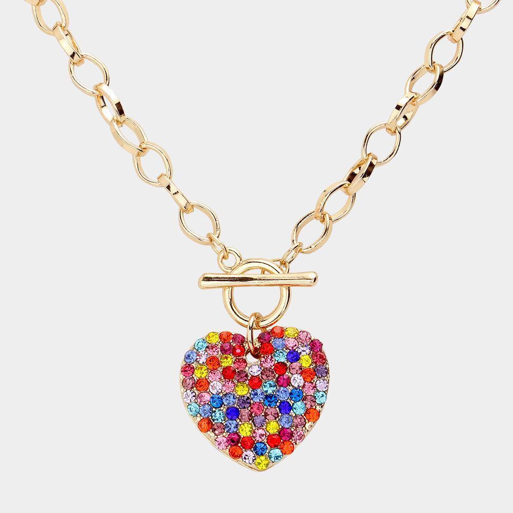 Gold Stone Paved Heart Pendant Metal Toggle Necklace - Jewelry Store by Erik Rayo