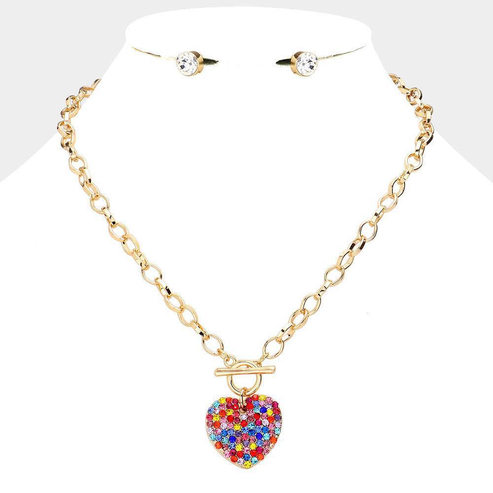 Gold Stone Paved Heart Pendant Metal Toggle Necklace - Jewelry Store by Erik Rayo