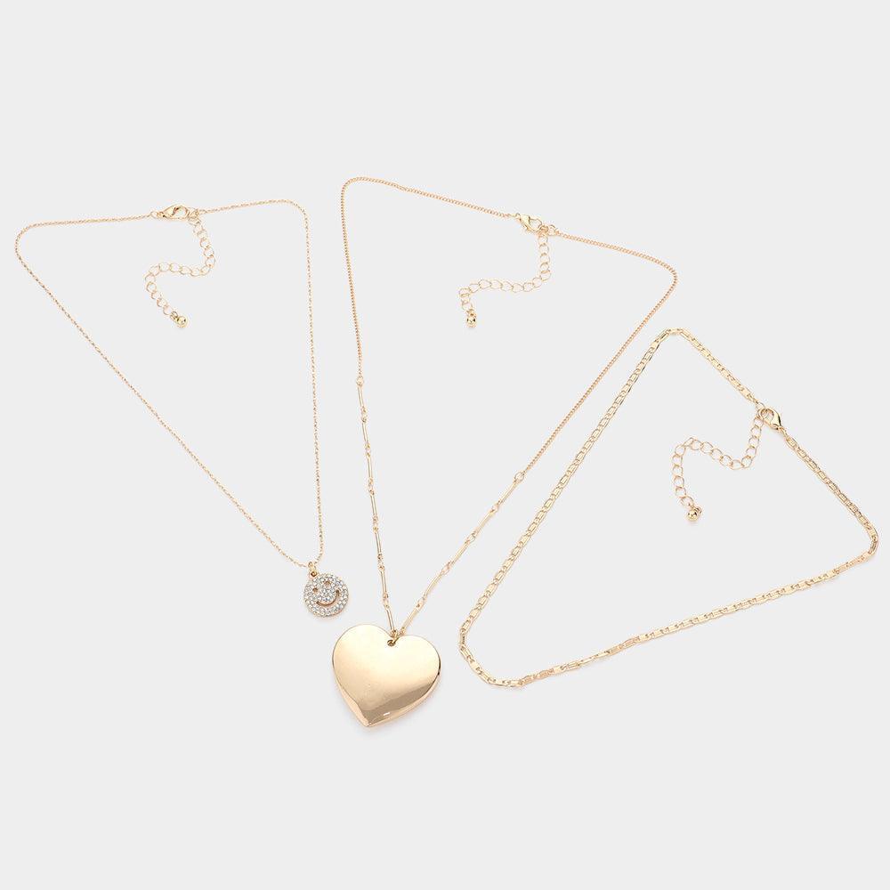 Gold 3 Piece Stone Embellished Smile Metal Heart Pendant Necklaces - Jewelry Store by Erik Rayo